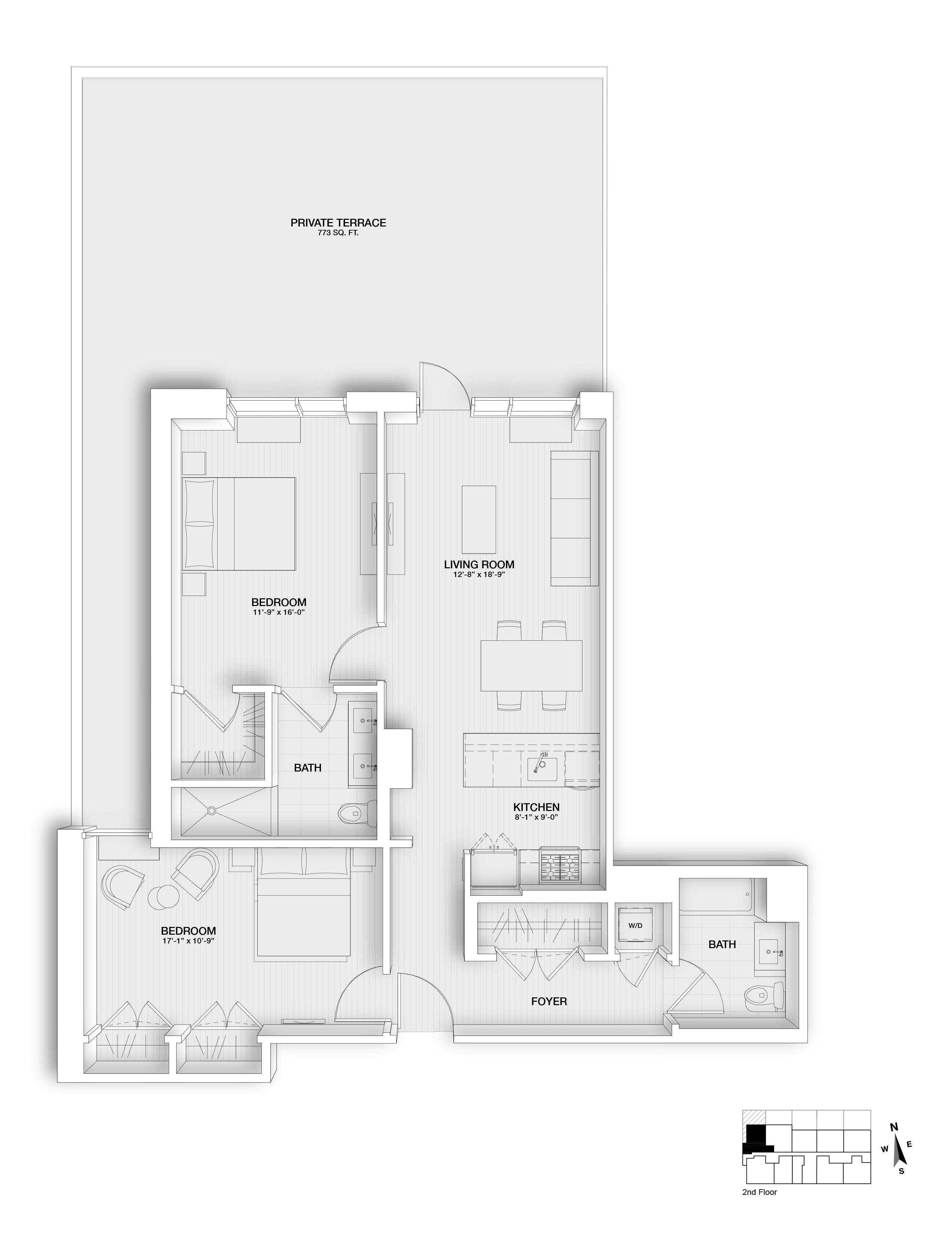Floor plan for 2 beds, 2 baths, 1168 sqft